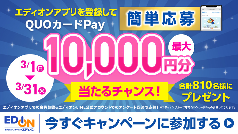 エディオングループ専用QUOカード1万円分 500円分を合計810名様に