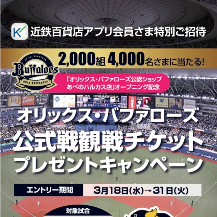 オリックス・バファローズ 観戦 チケット 10枚 オリックス・バファローズ主催公式戦」ペア無料ご観戦チケットを2000名