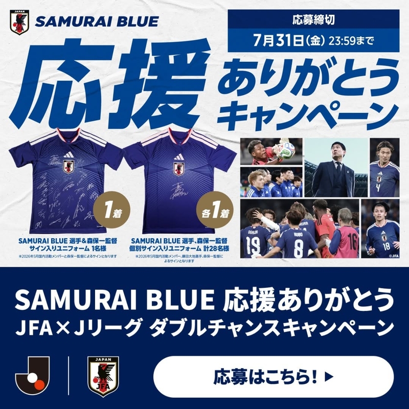 SAMURAIBLUE選手＆森保一監督サイン入りユニフォームほかを合計29名様