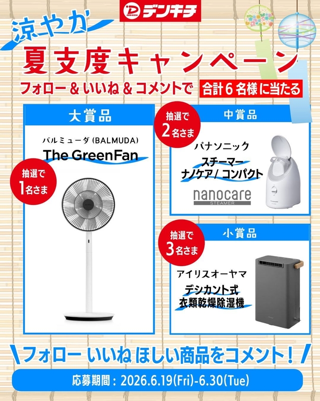 バルミューダ The GreenFan　Panasonic スチーマー ナノケア　アイリスオーヤマ デシカント式衣類乾燥除湿機